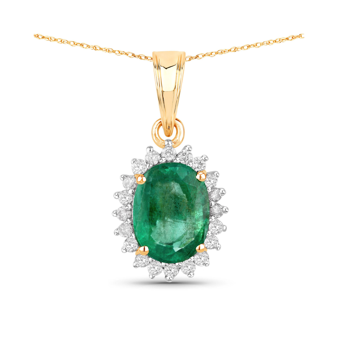 Genuine 10K Zambian Emerald and Diamond Pendant Halo