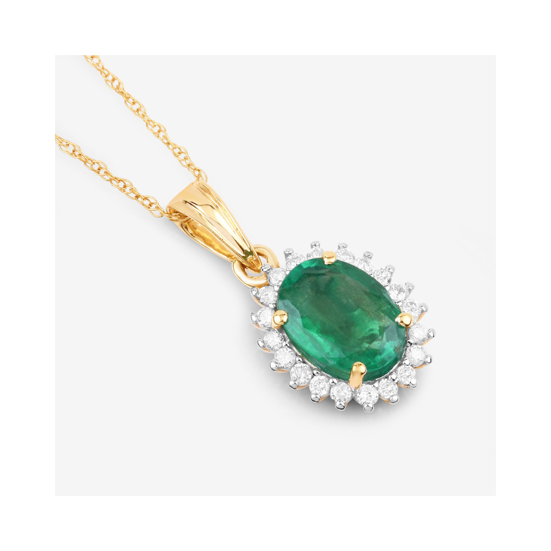 Genuine 10K Zambian Emerald and Diamond Pendant Halo