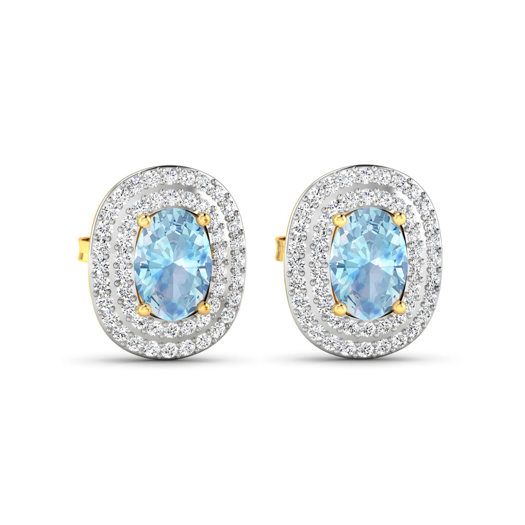 Genuine Diamond and Aquamarine Oval Stud Earrings