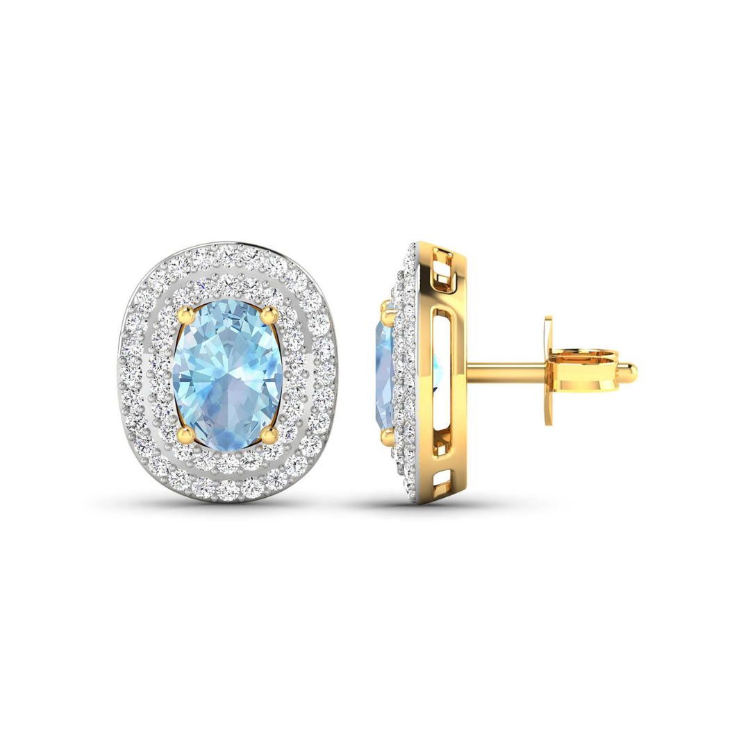 Genuine Diamond and Aquamarine Oval Stud Earrings
