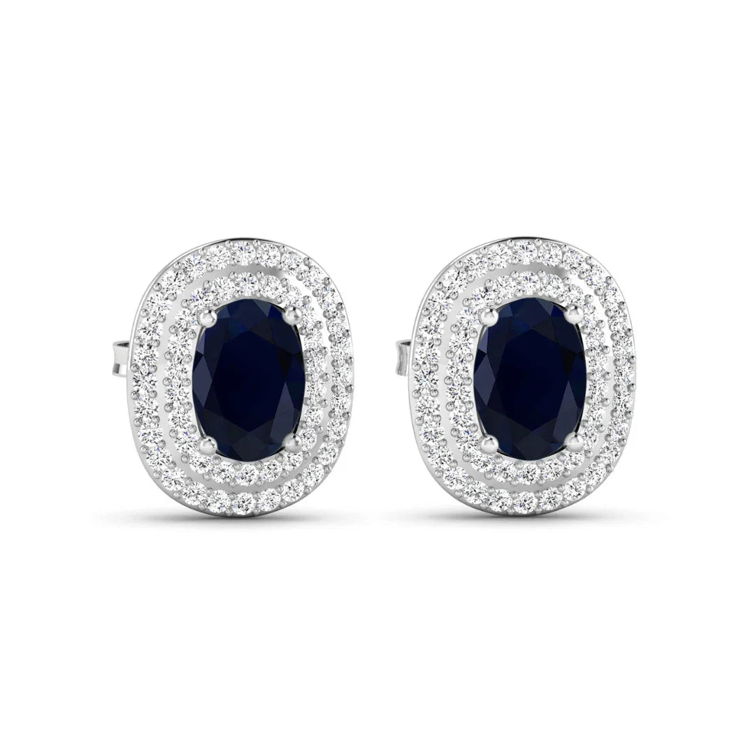 Genuine White Diamond and Blue Sapphire Studs