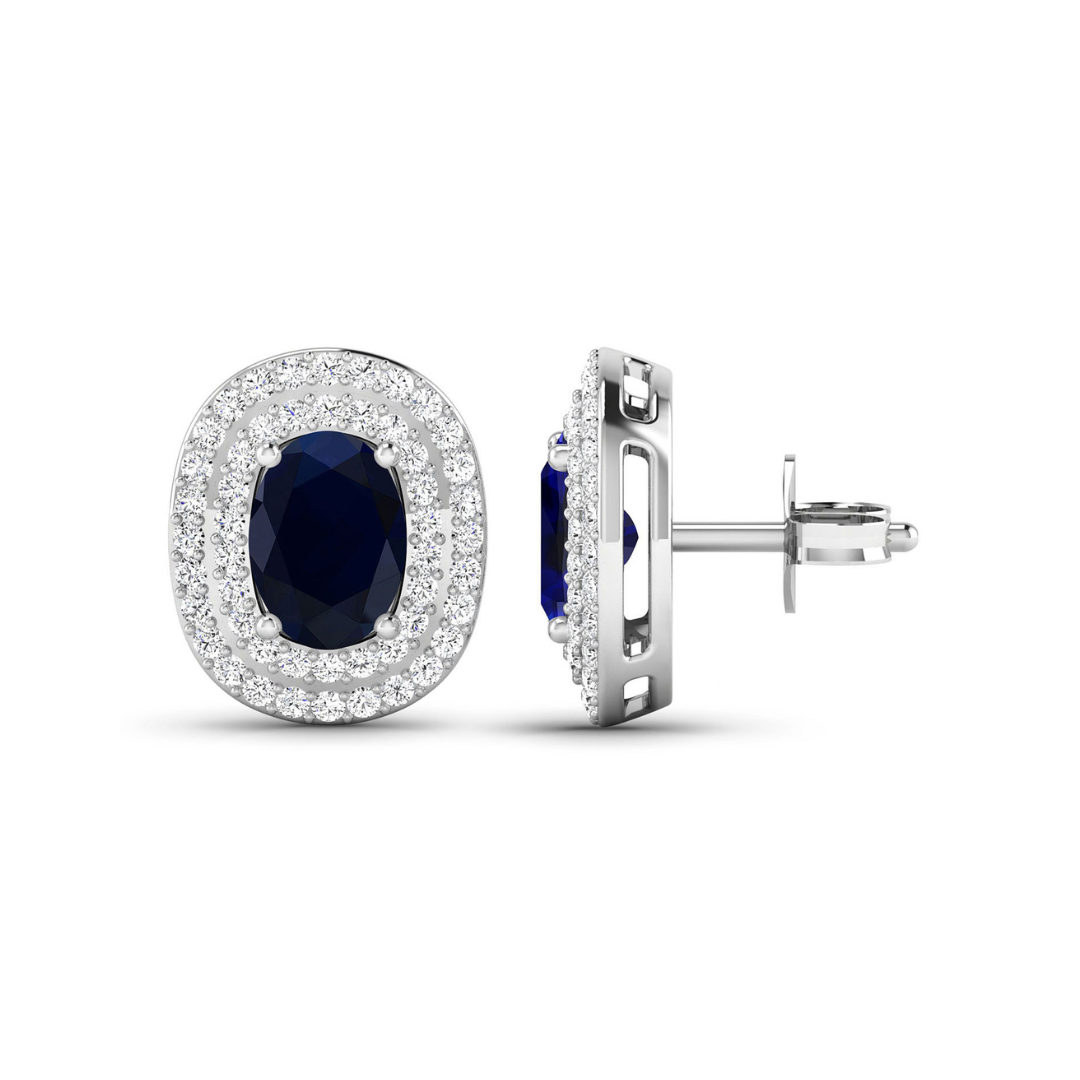 Genuine White Diamond and Blue Sapphire Studs