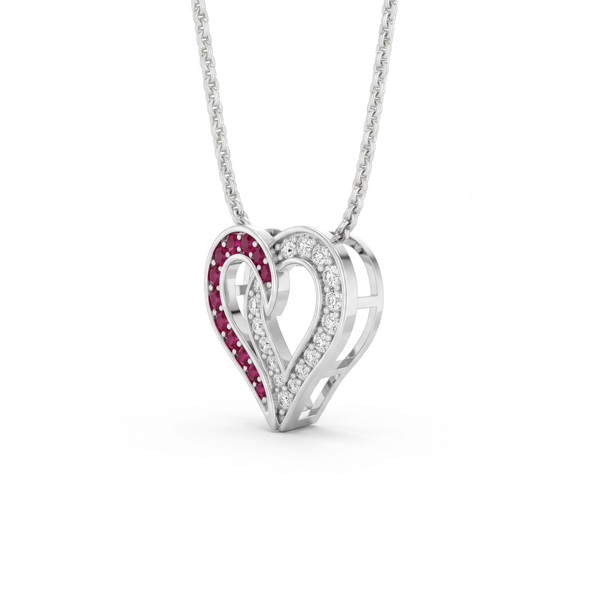 0.64 cttw Round Ruby and Lab Grown Diamond 14K Gold Pave Open Heart Pendant Necklace