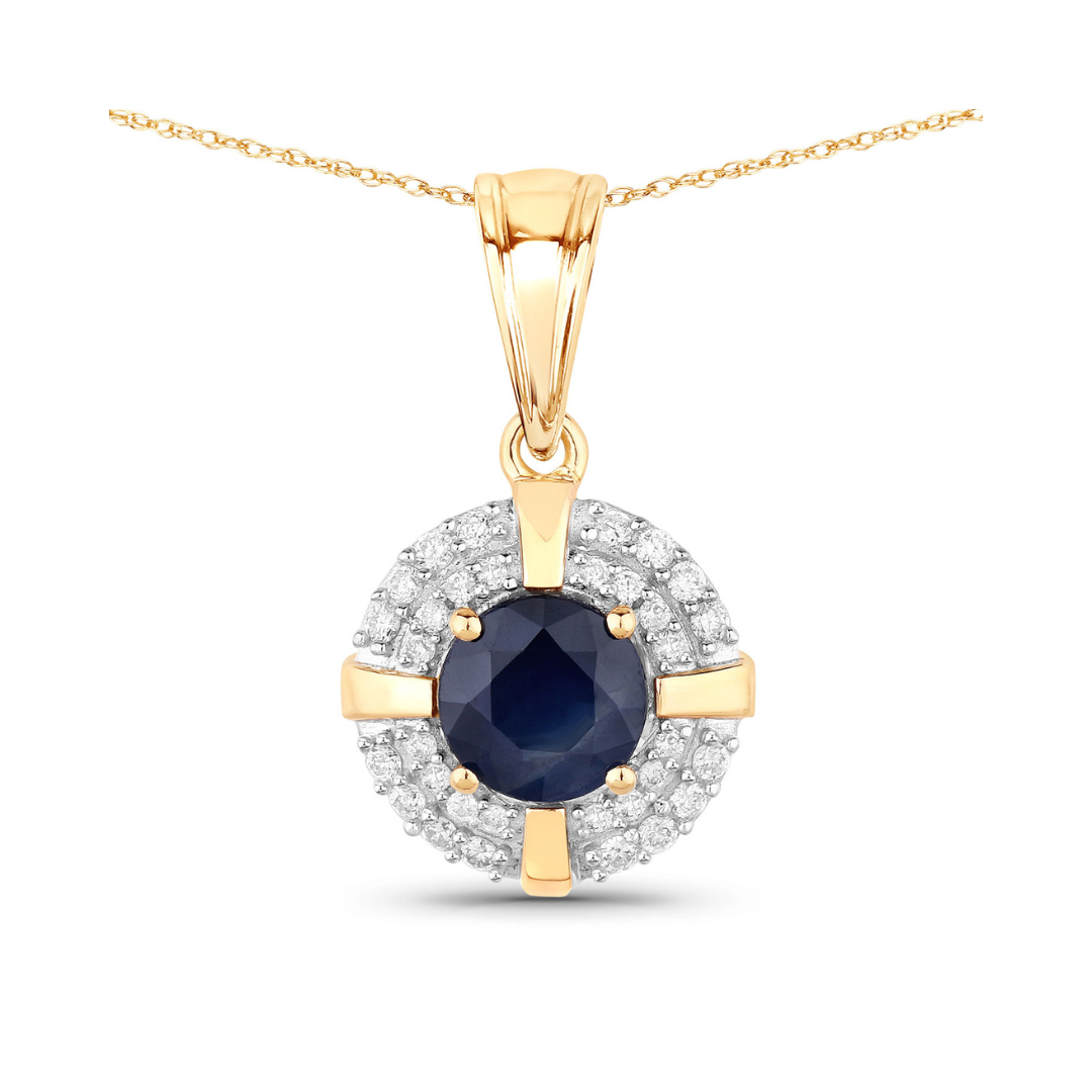 Genuine 10K Blue Sapphire Diamond Halo Pendant