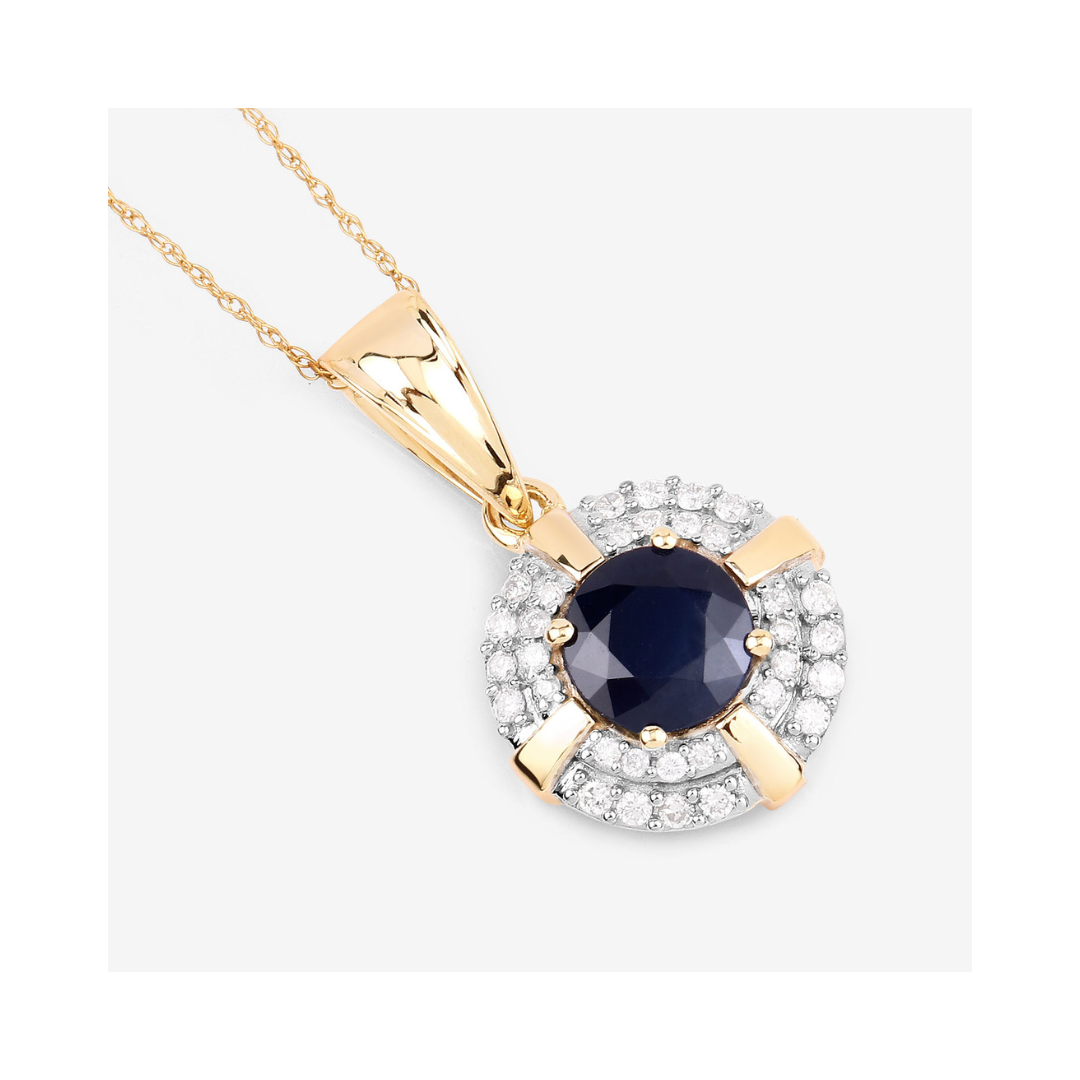 Genuine 10K Blue Sapphire Diamond Halo Pendant