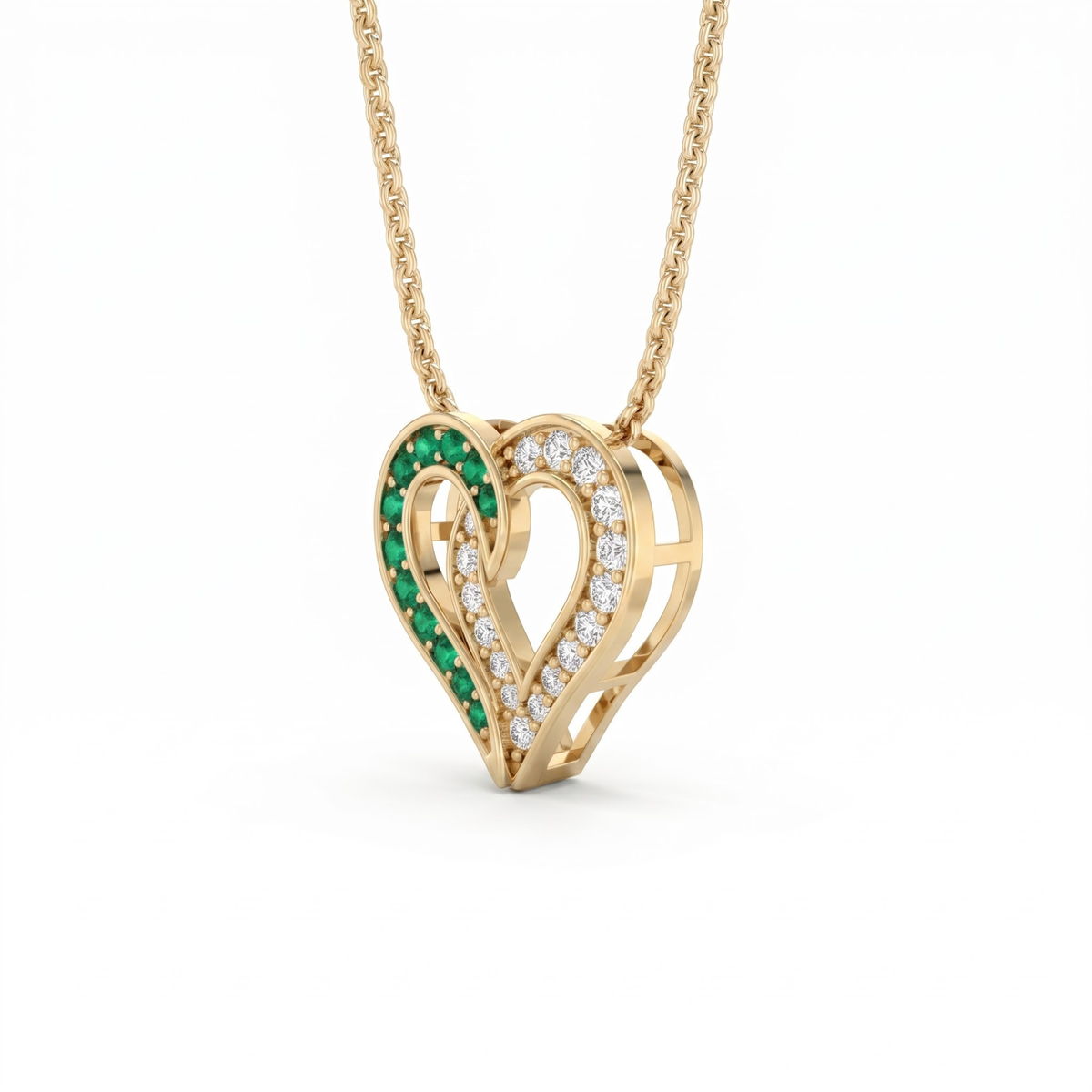 0.64 Cttw Round Emerald and Lab Grown Diamond 14K Gold Pave Open Heart Pendant Necklace
