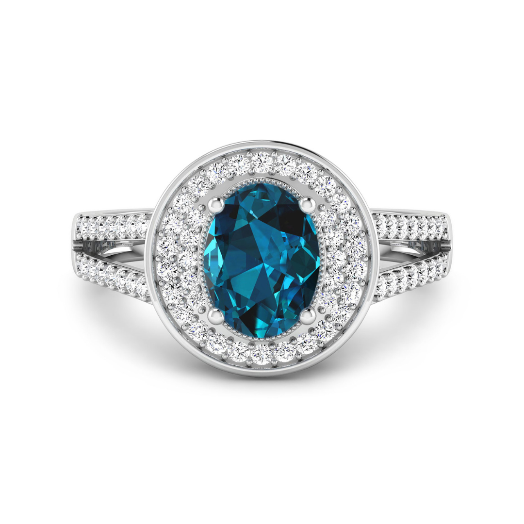 Genuine White Diamond and London Blue Topaz Halo Ring