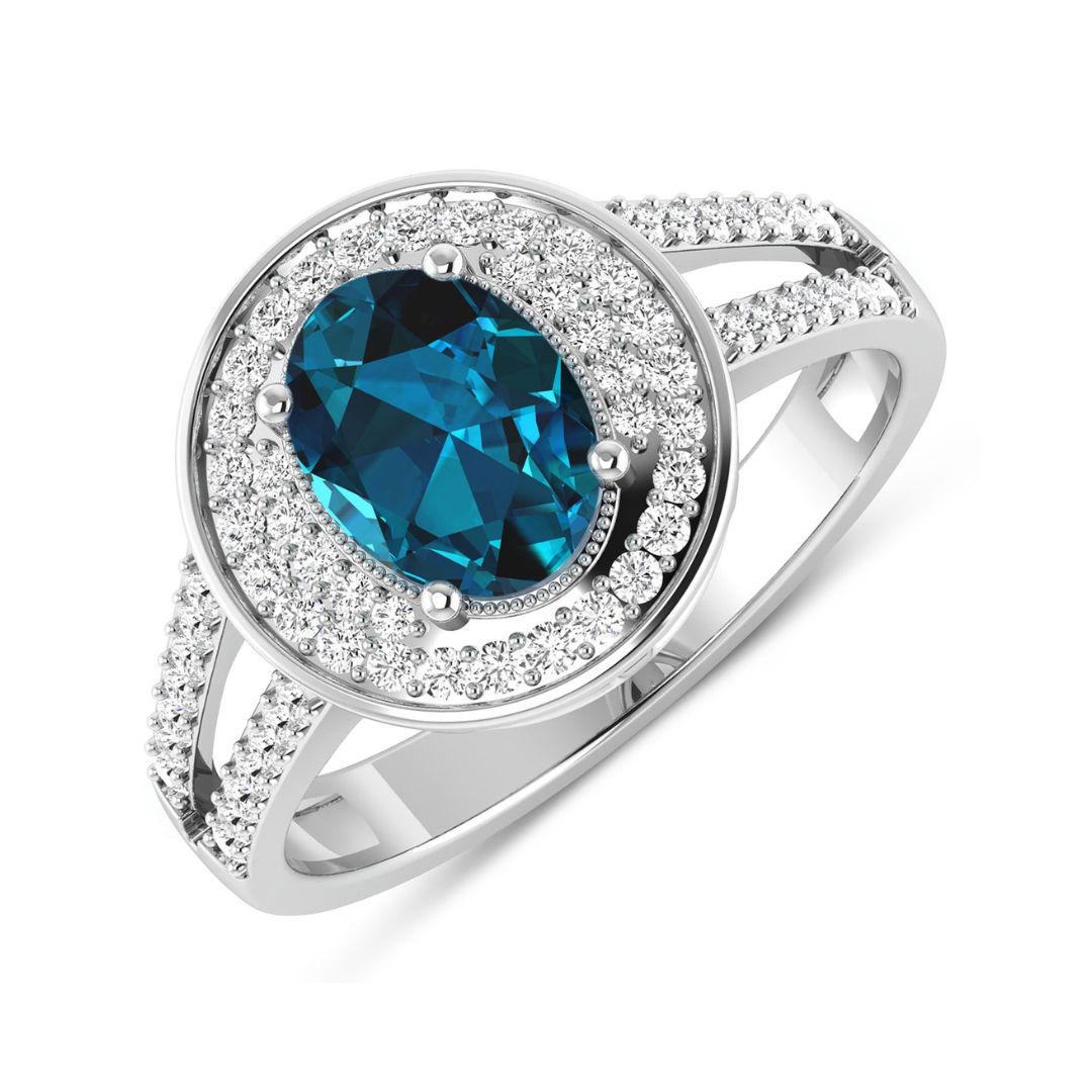 Genuine White Diamond and London Blue Topaz Halo Ring