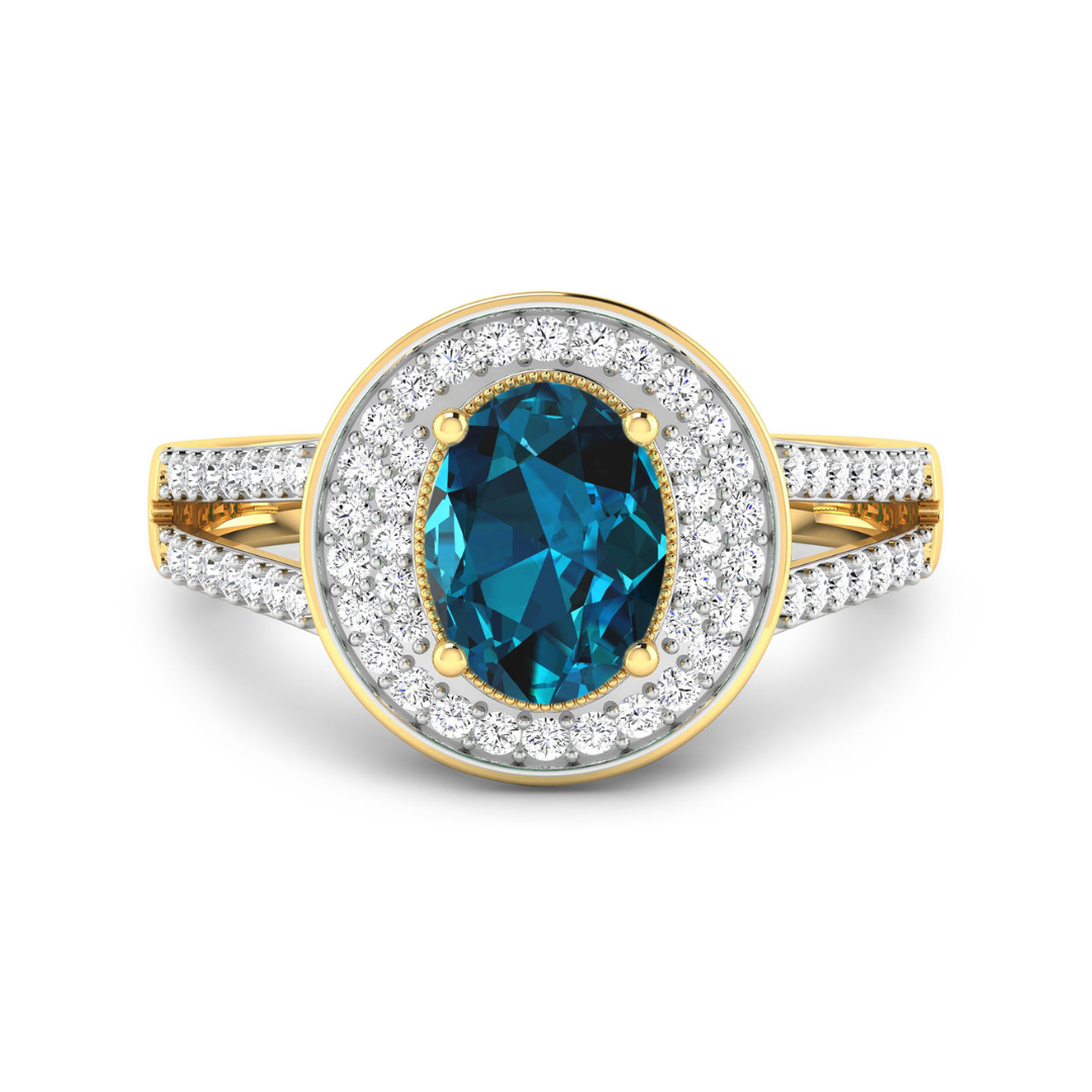 Genuine White Diamond and London Blue Topaz Halo Ring