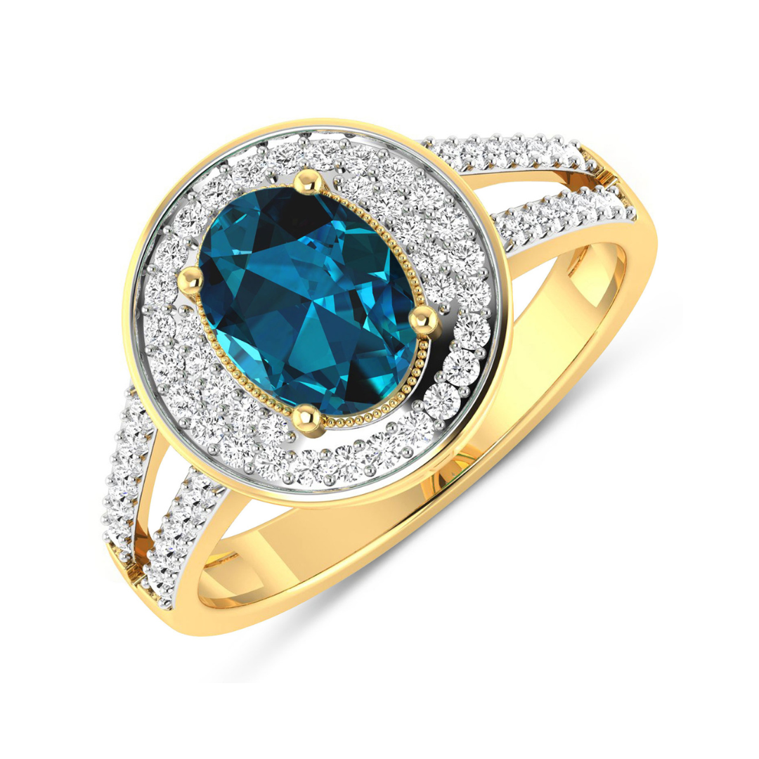 Genuine White Diamond and London Blue Topaz Halo Ring