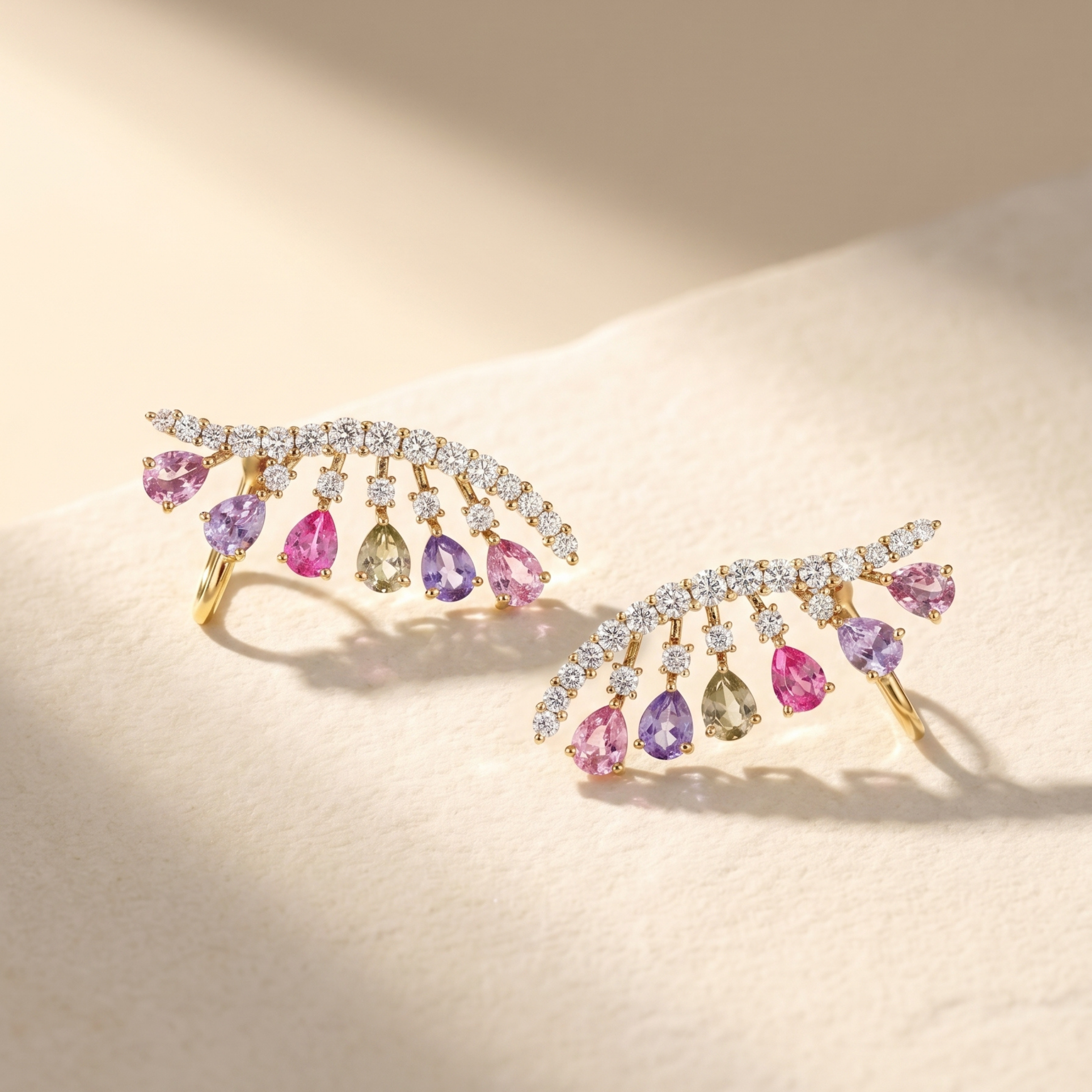 IGI Certified 2.01 Ct Pear Multi Color Unheated Sapphire and Diamond 14K Yellow Gold Ear Crawler Earrings