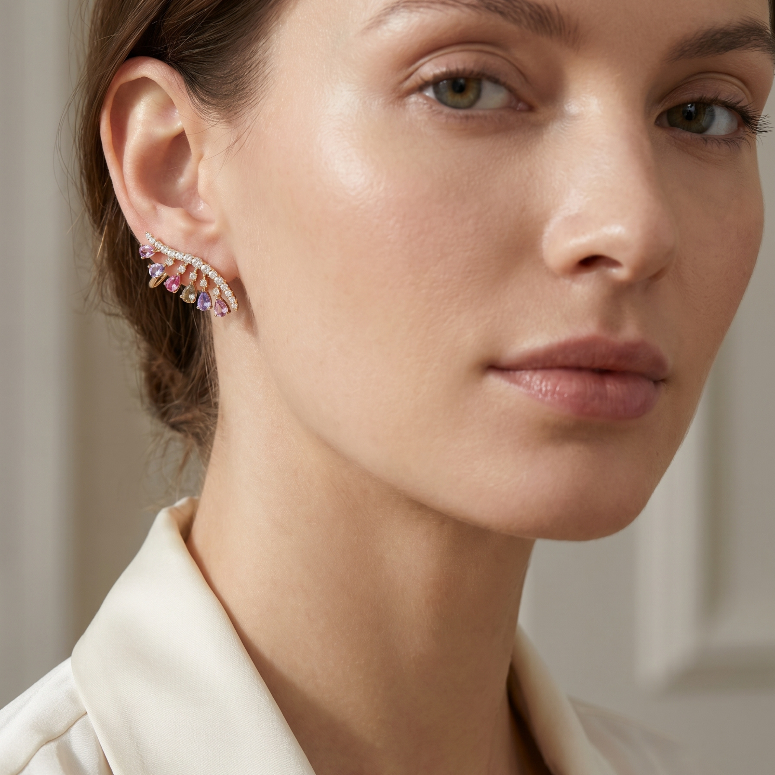 IGI Certified 2.01 Ct Pear Multi Color Unheated Sapphire and Diamond 14K Yellow Gold Ear Crawler Earrings