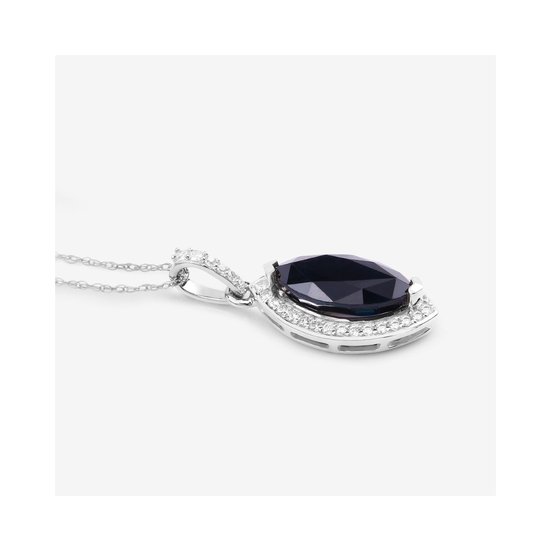 Genuine 10K Blue Sapphire and Diamond Marquise Pendant