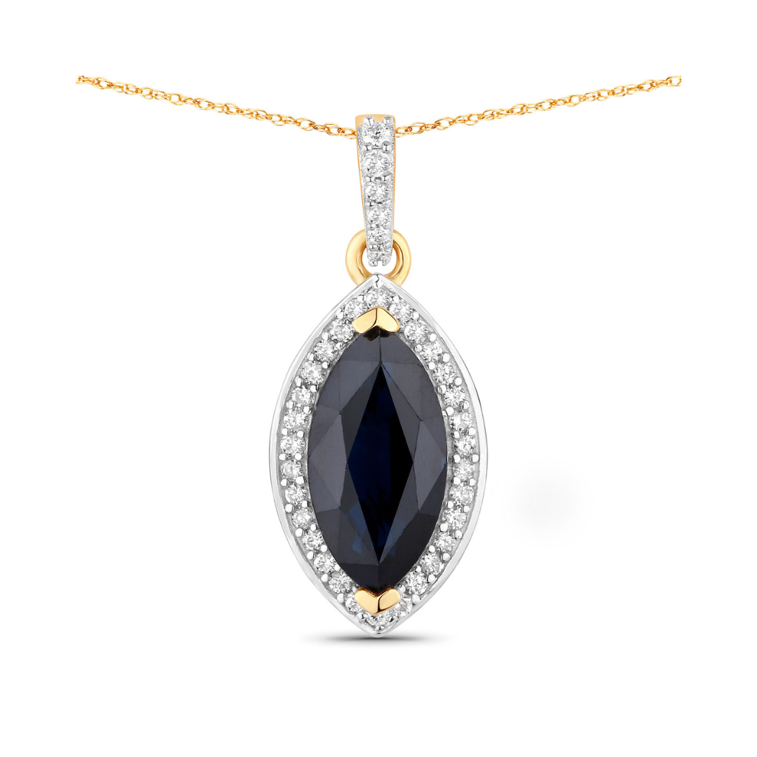 Genuine 10K Blue Sapphire and Diamond Marquise Pendant