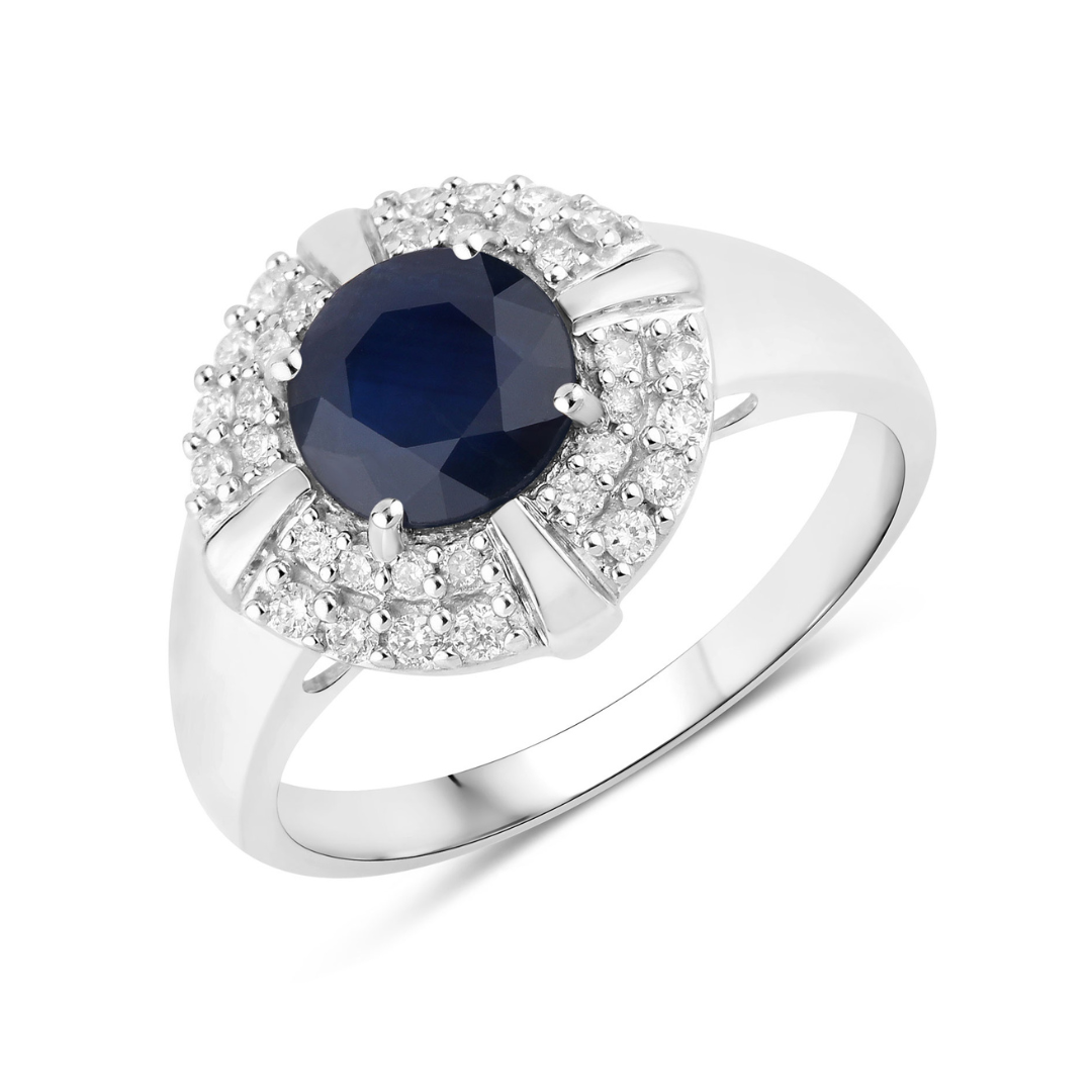 Genuine 10K Blue Sapphire and White Diamond Halo Ring