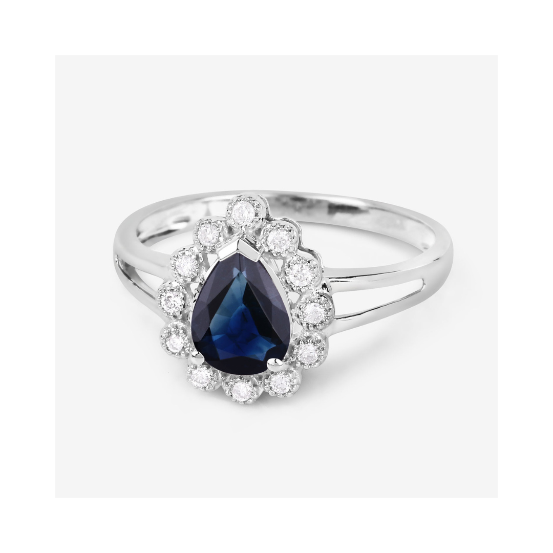 Genuine 10K Blue Sapphire and White Diamond Ring