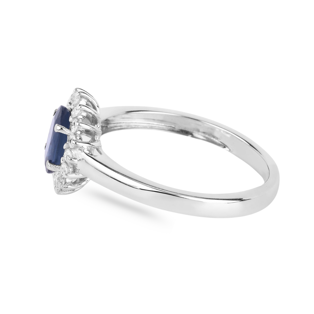 Genuine 10K Blue Sapphire Diamond Halo Ring