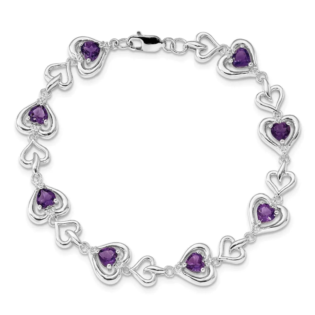 Genuine Amethyst and Diamond Heart Bracelets Sterling Silver Fine Color Jewels Anniversary bracelet for her,Birthstone bracelet for grandma,Birthstone bracelet for her,birthstone bracelet for mom,bracelet for girlfriend,bracelet for her,bracelet for mom,bracelet for wife,bracelet for women,Gemstone Bracelet,QG