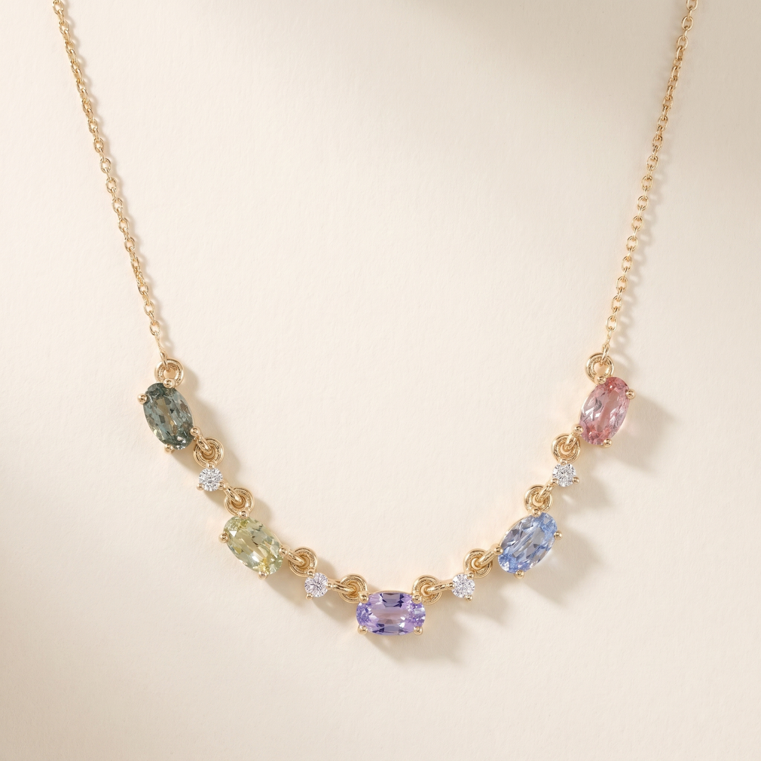 IGI Certified 1.80 Ct Multi Color Unheated Sapphire and Diamond 14K Yellow Gold Curved Necklace