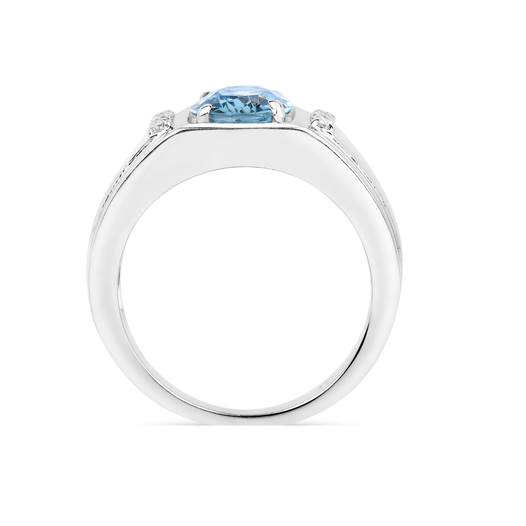 Anillo unisex de plata de ley con solitario de topacio azul Londres y topacio blanco