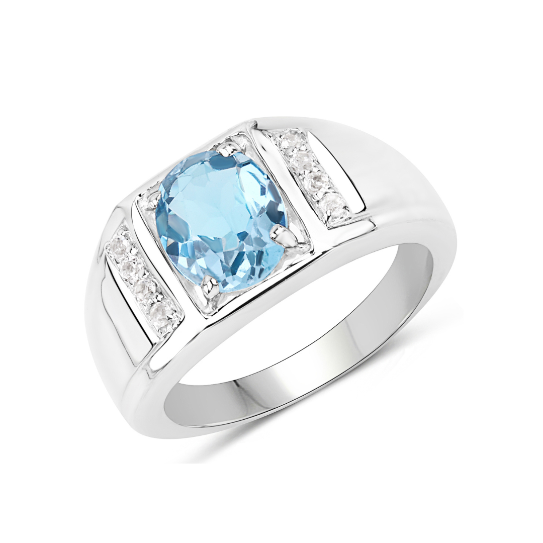 Anillo unisex de plata de ley con solitario de topacio azul Londres y topacio blanco