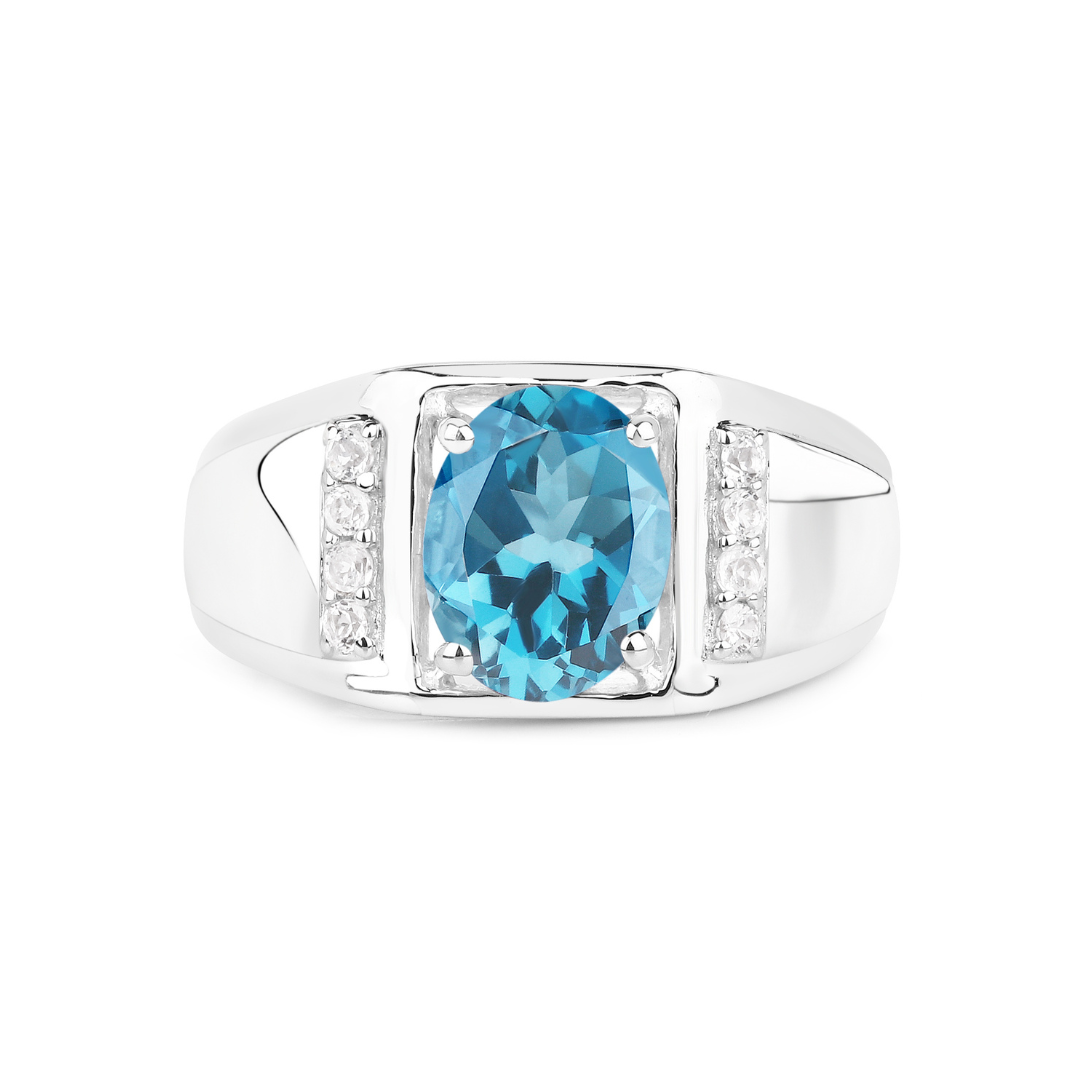 Anillo unisex de plata de ley con solitario de topacio azul Londres y topacio blanco