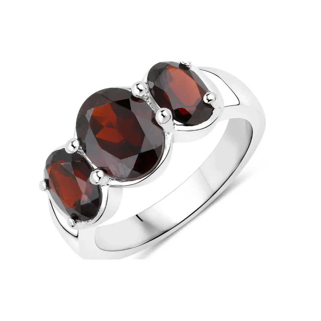 Natural Garnet Three Stone Silver Ring
