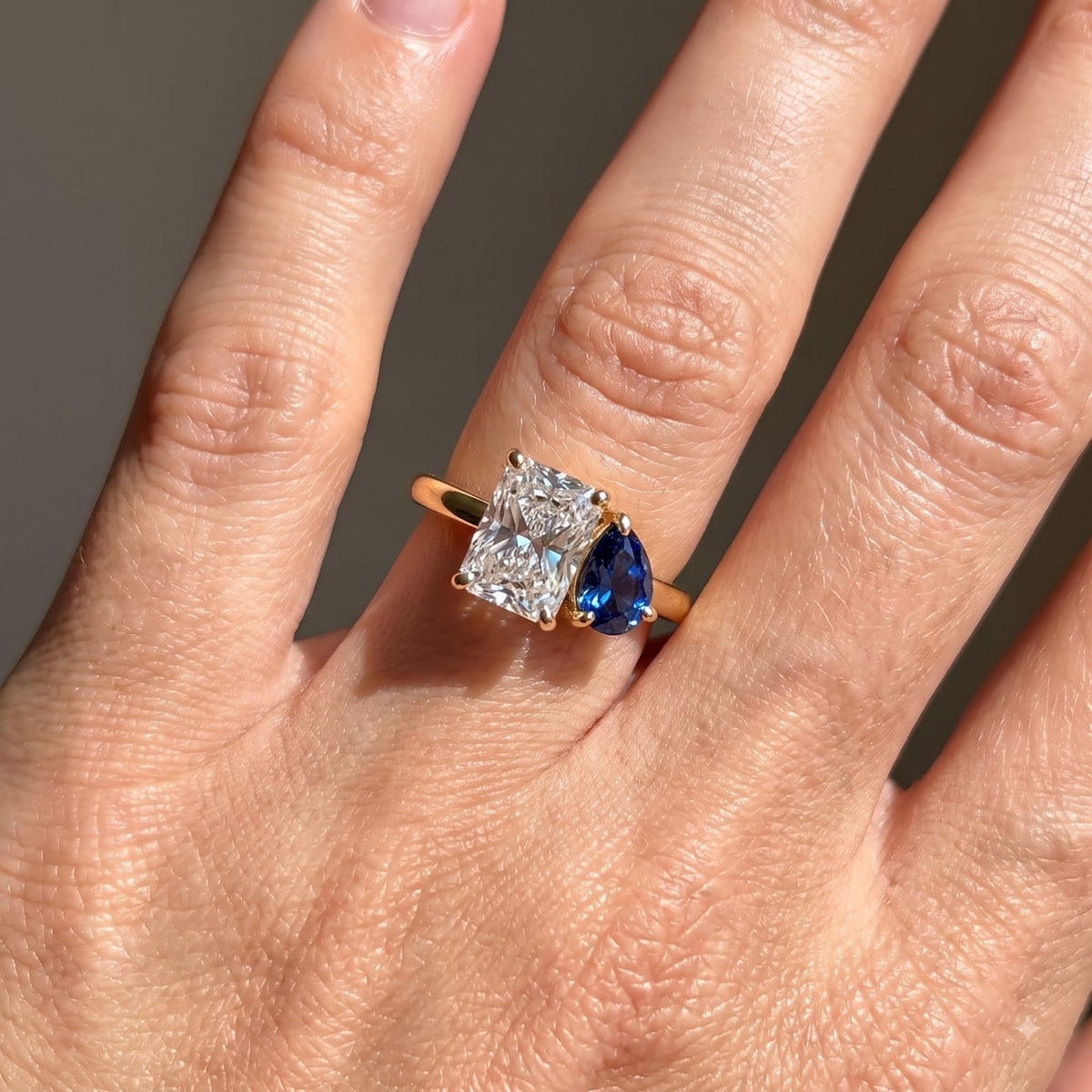 Two-Stone Toi et Moi Pear and Octagon Emerald, Ruby, Sapphire and Lab Diamond 14K Yellow Gold Ring