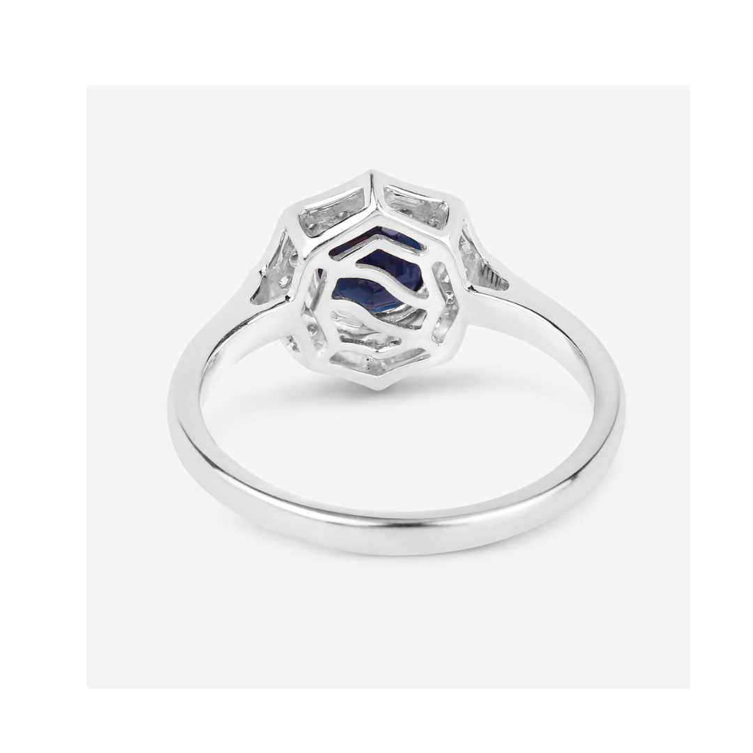 Genuine Blue Sapphire and Diamond 10K Halo Ring