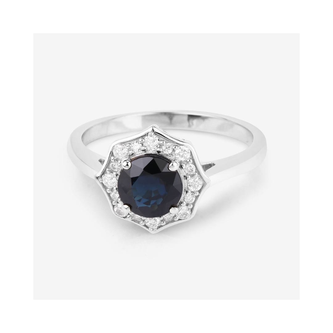 Genuine Blue Sapphire and Diamond 10K Halo Ring