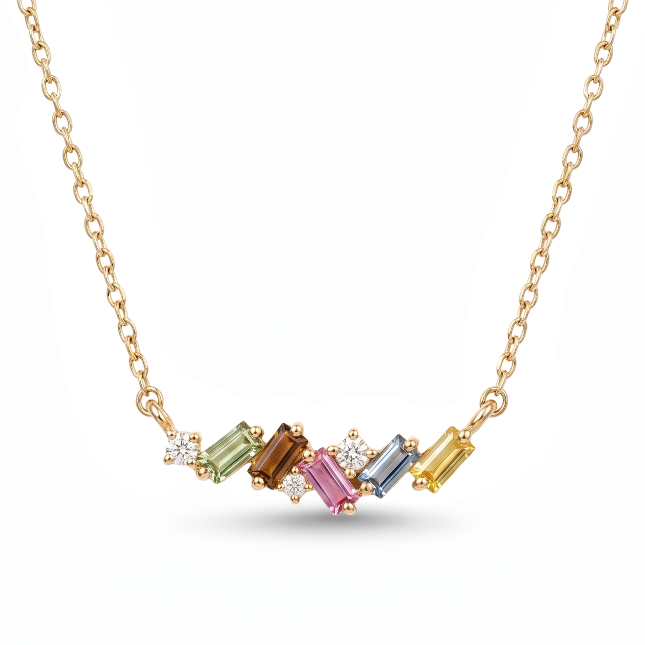 IGI Certified 0.64 Ct Baguette Multi Color Unheated Sapphire and Diamond 14K Yellow Gold Asymmetrical Bar Necklace