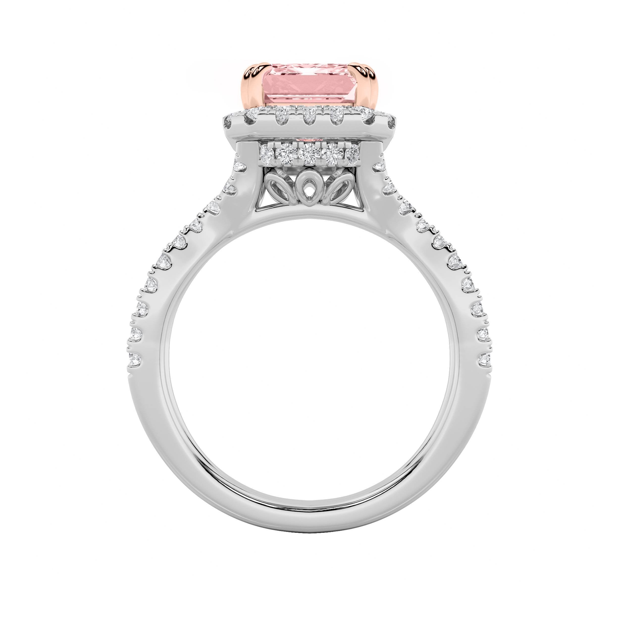 4Cttw Emerald Shaped Lab Grown Diamond (F/VS) Split Shank Halo Engagement Ring in 14K Gold