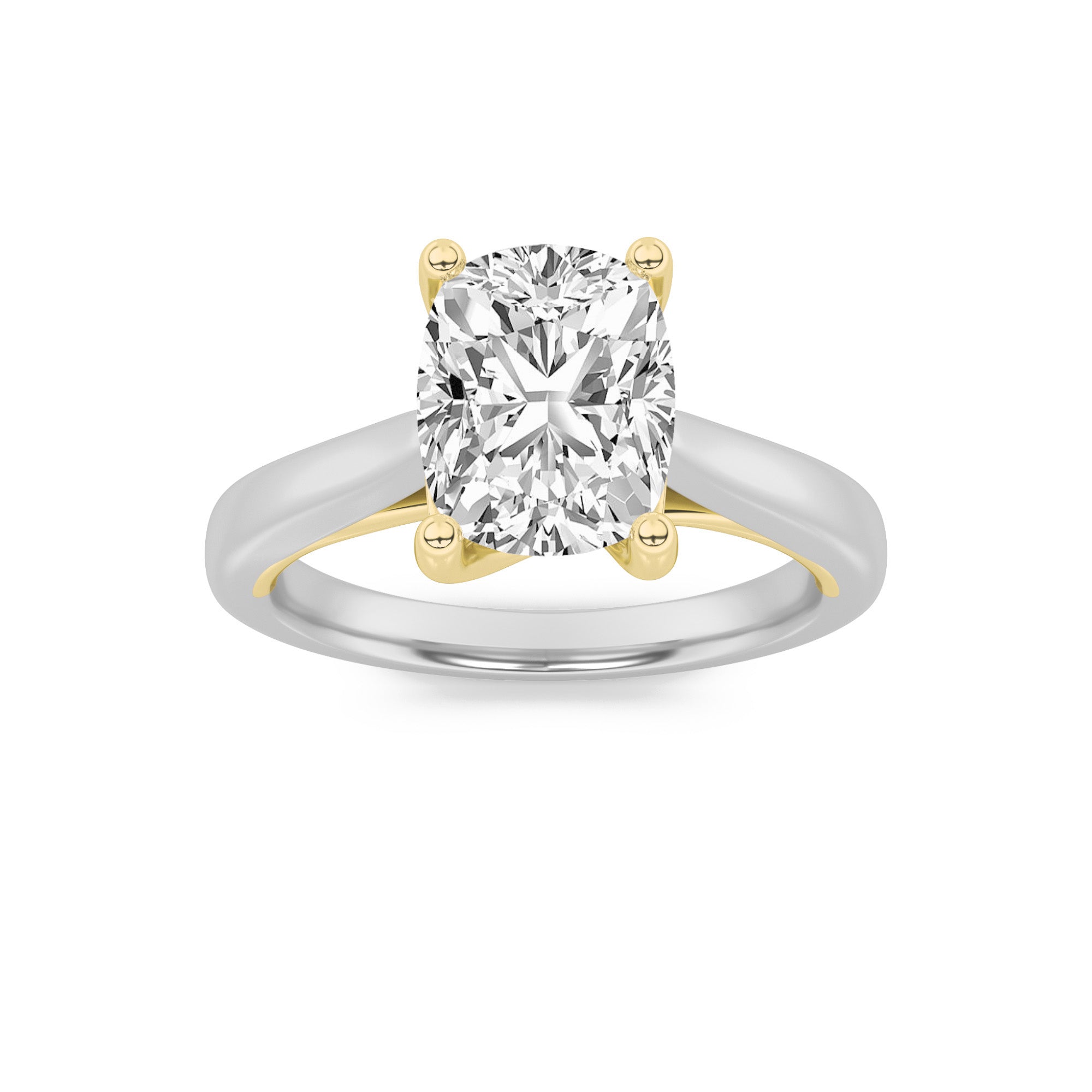 2.5Cttw Elongated Cushion Shaped Lab Grown Diamond(F/VS) Two Tone Cathedral Shank Engagement Ring in 14K Gold