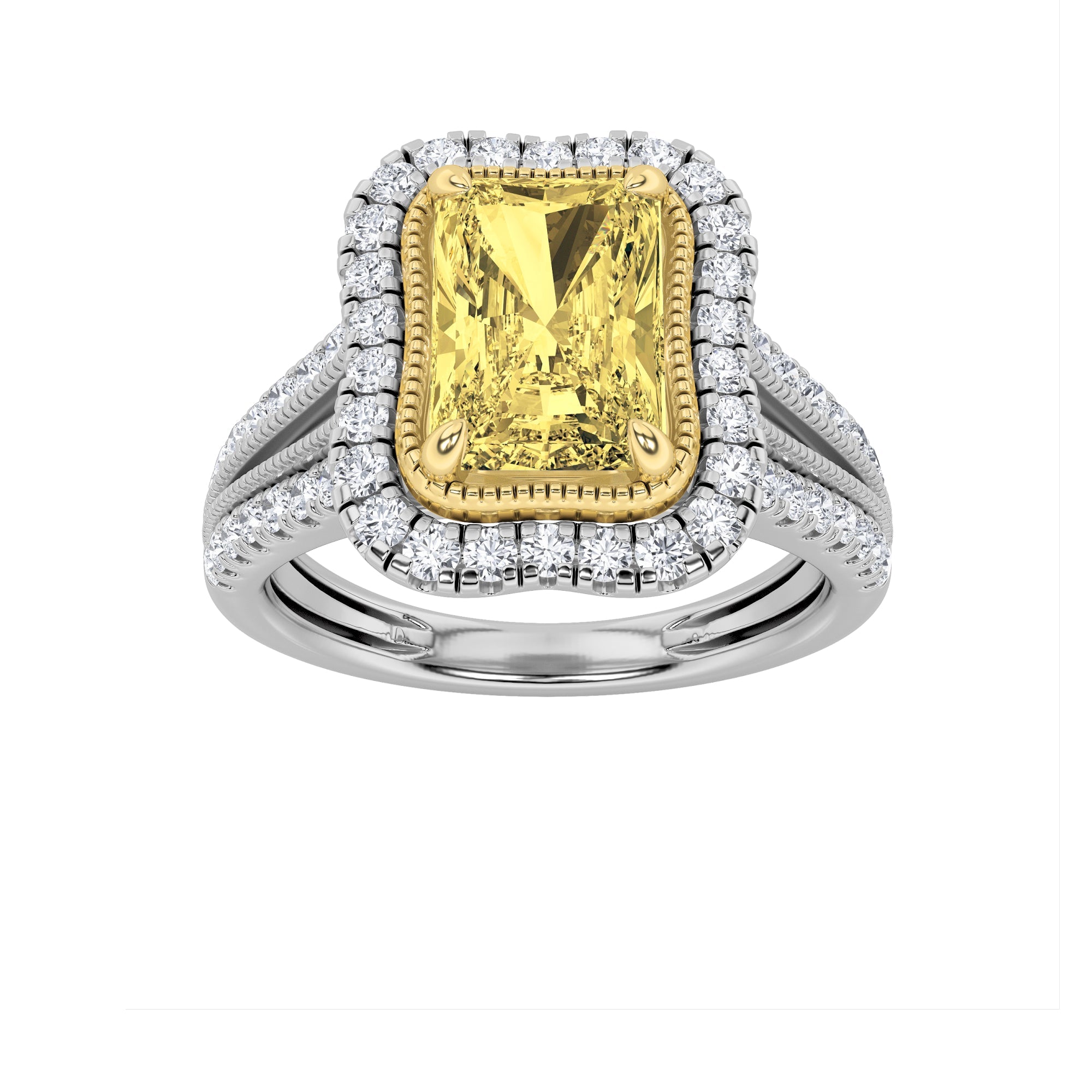 2.5Cttw Radiant Shaped Fancy Yellow Lab Grown Diamond (F/VS) Split Shank Halo Engagement Ring in 14KGold