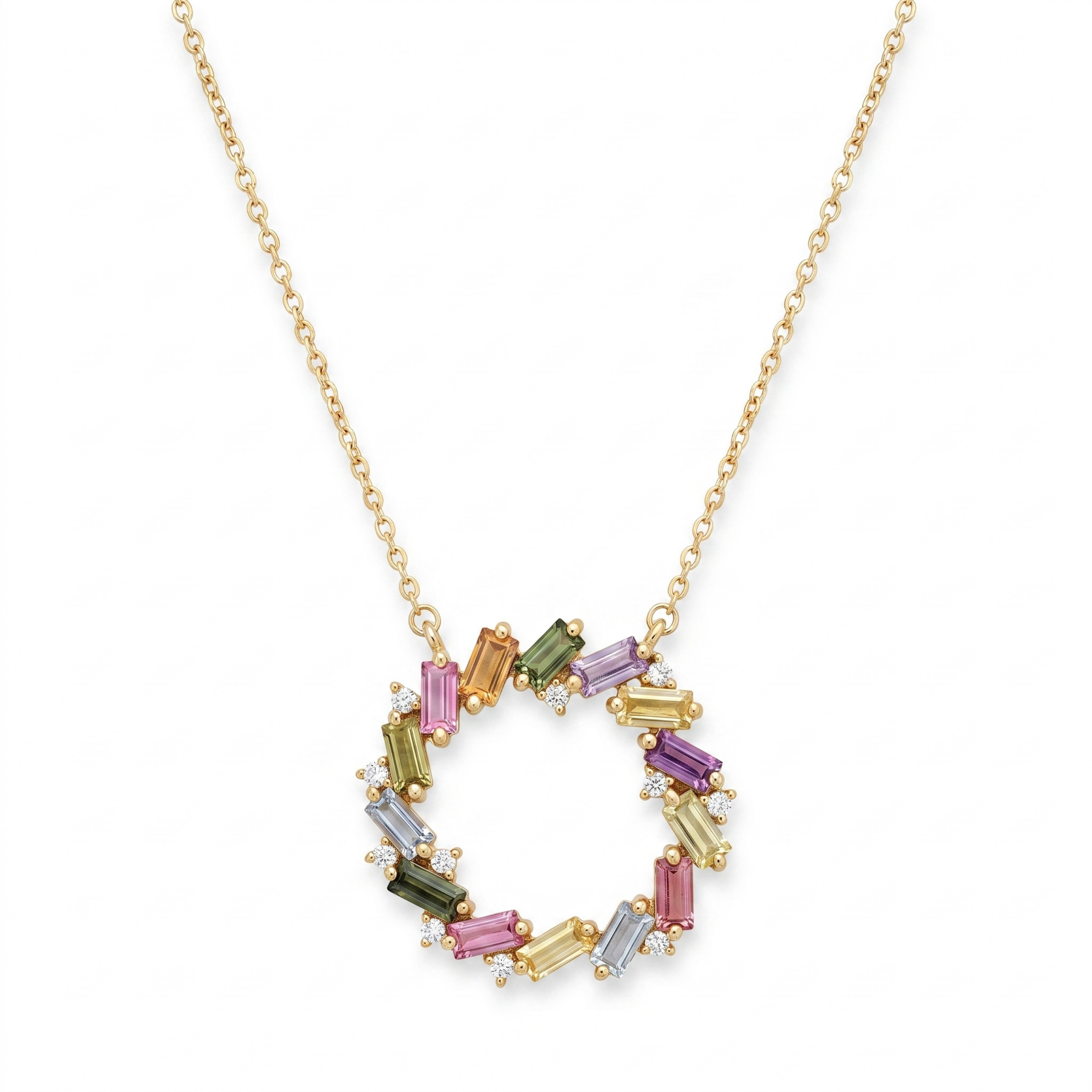 IGI Certified 1.71 Ct Multi Color Unheated Sapphire Diamond 14K Yellow Gold Circle Wreath Pendant Necklace