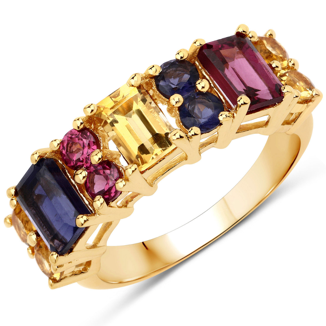 Anillo de plata de ley con múltiples piedras bañado en oro amarillo de 14 quilates