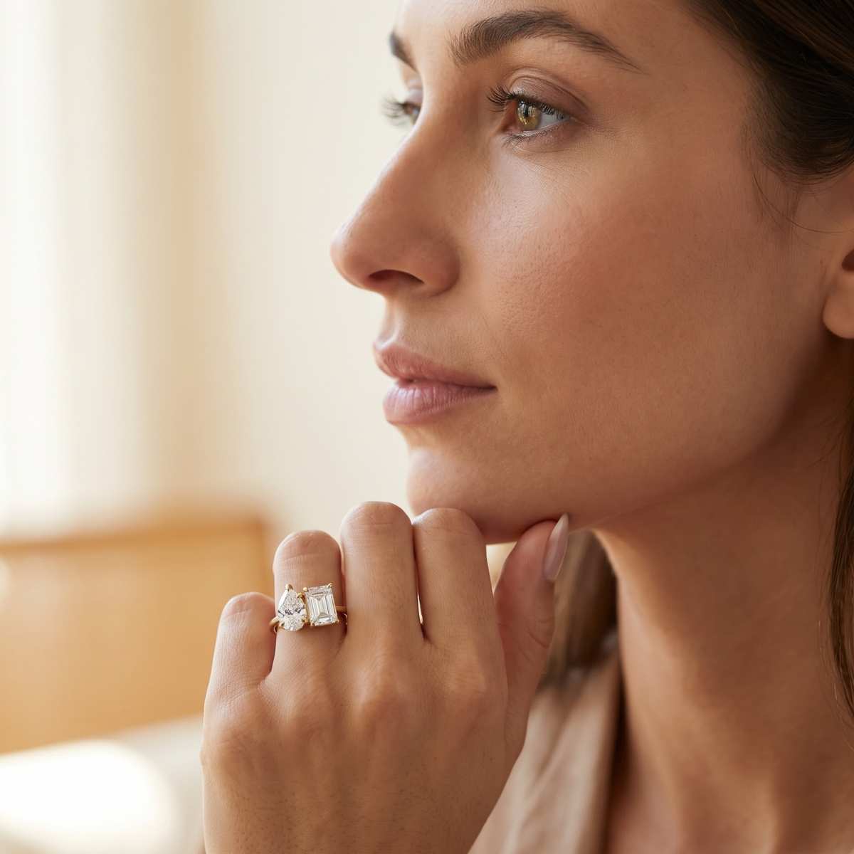 2.450 Cttw Octagon Morganite , Sapphire, Emerald and Lab Diamond 14K Yellow Gold Toi Et Moi Ring