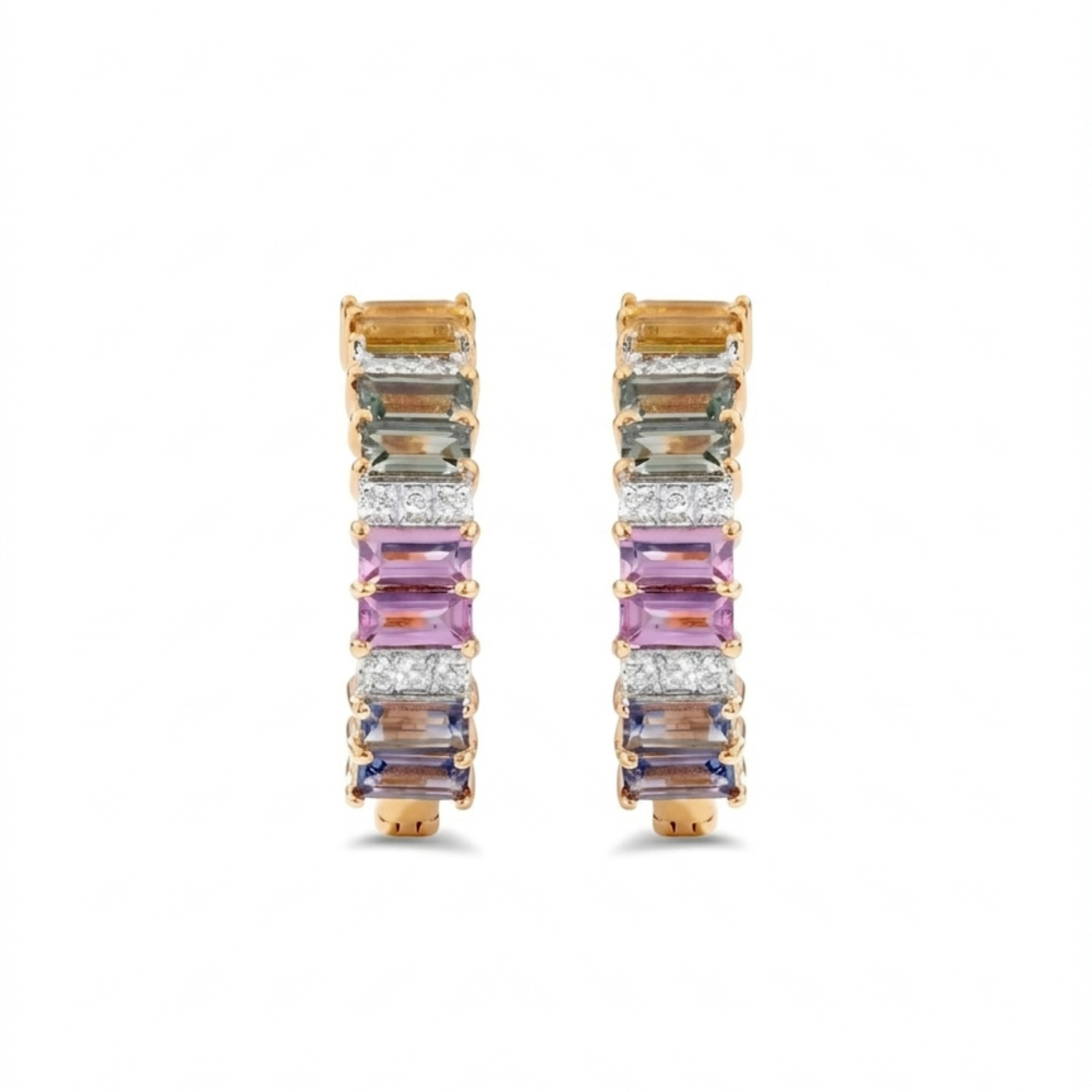 IGI Certified 2.10 Ct Multi Color Unheated Sapphire and Diamond 14K Yellow Gold Half Way Hoop Earrings