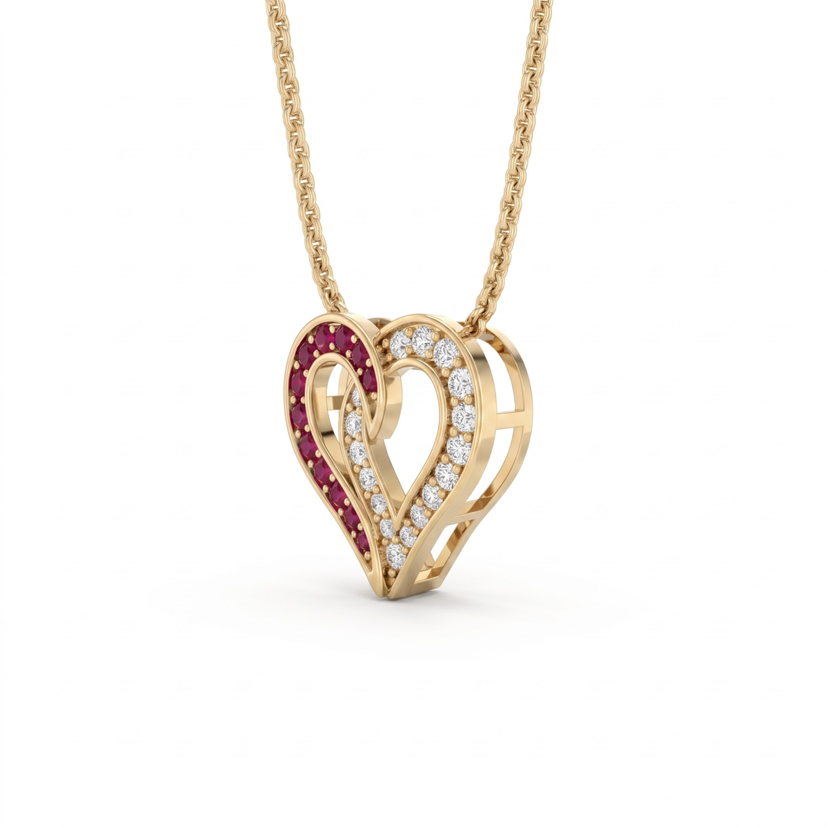 0.64 cttw Round Ruby and Lab Grown Diamond 14K Gold Pave Open Heart Pendant Necklace