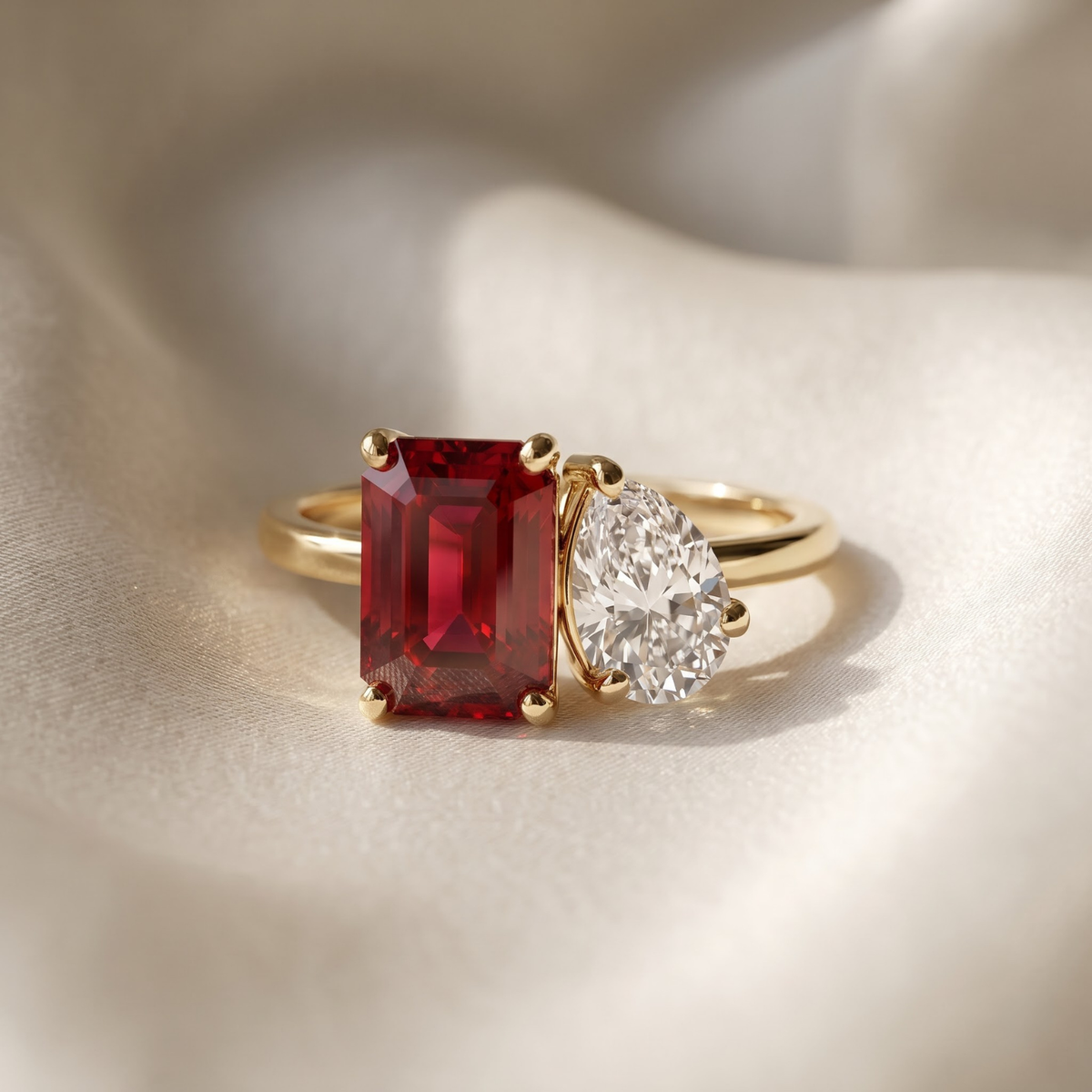Two-Stone Toi et Moi Octagon and Pear Emerald, Ruby, Sapphire and Lab Diamond 14K Yellow Gold Ring
