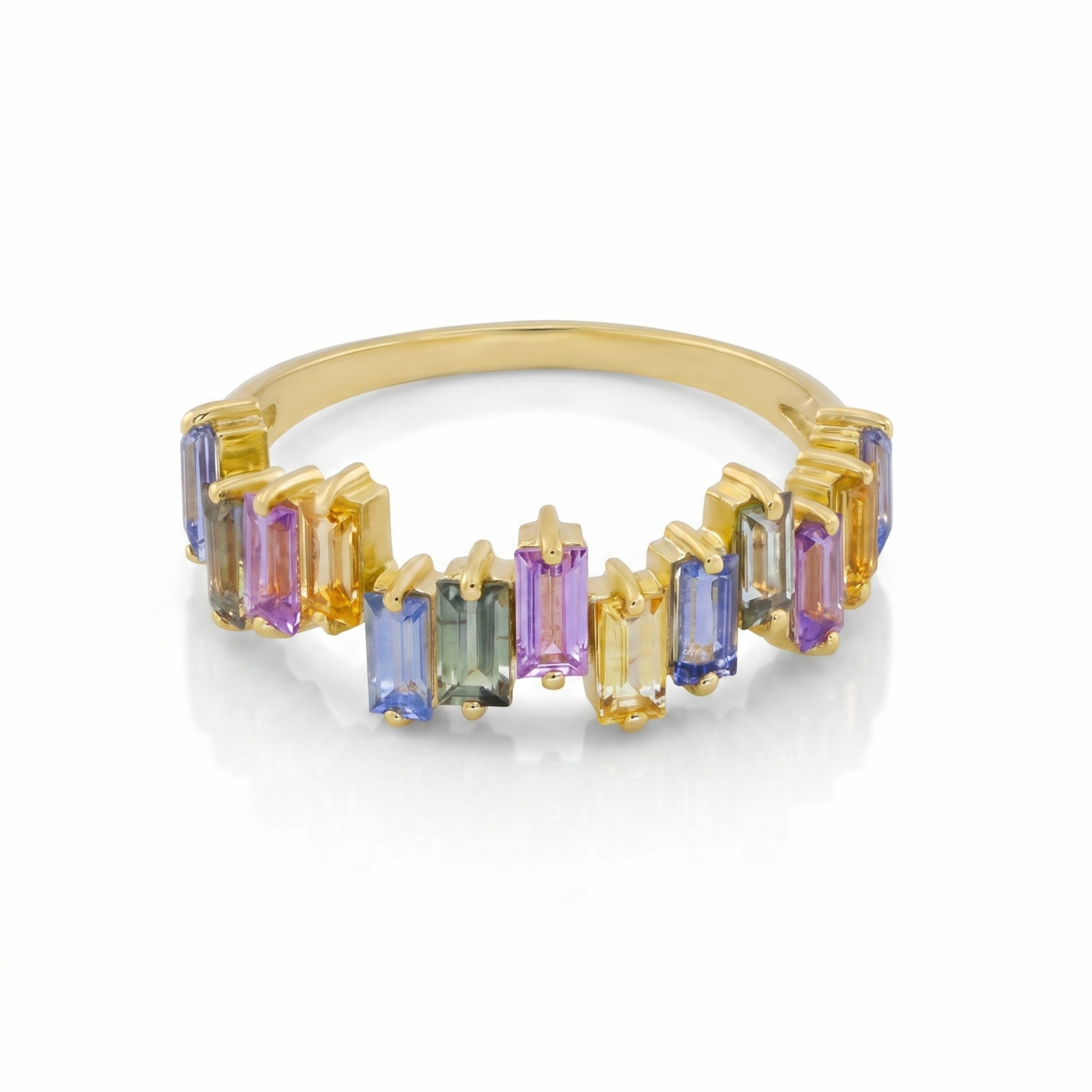 IGI Certified 1.02 Ct Baguette Multi Color Unheated Sapphire Prong 14K Yellow Gold Asymmetrical Engagement Ring