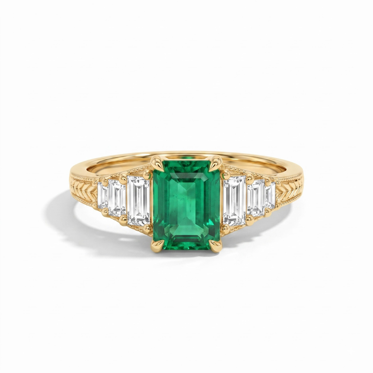 Octagon Sapphire, Emerald, Ruby and Lab Diamond 14K Yellow Gold Tapered Band Engagement Ring
