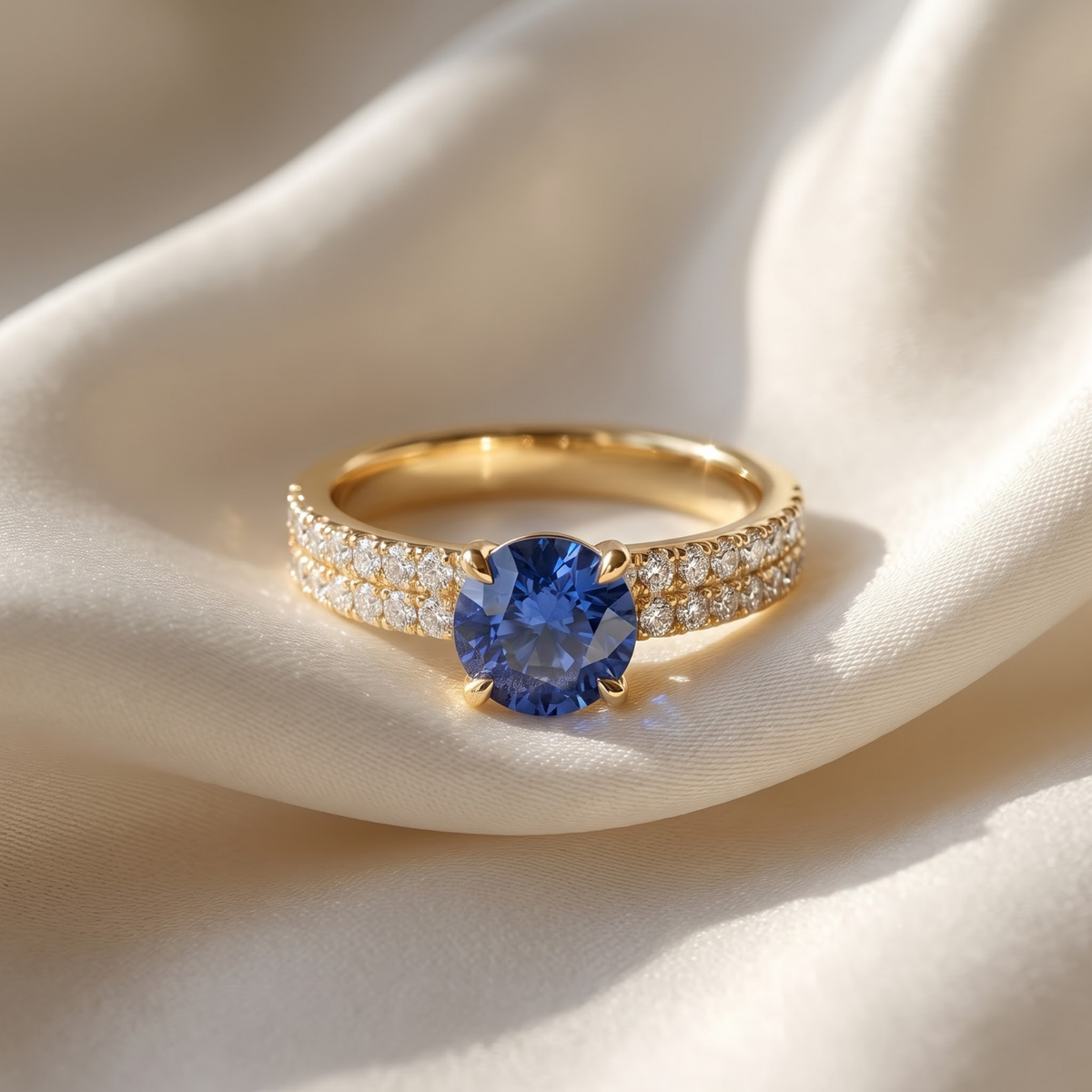 1.30 CTTW Round Gemstone Pav Diamond Double Row Band 14k Yellow Gold Engagement Ring