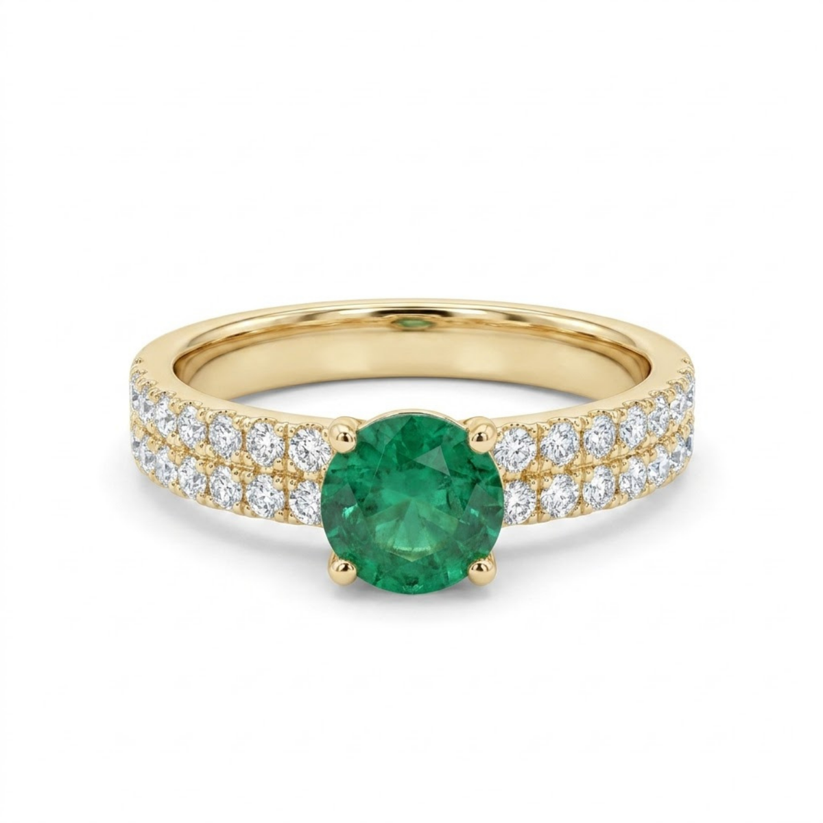 1.30 CTTW Round Gemstone Pav Diamond Double Row Band 14k Yellow Gold Engagement Ring
