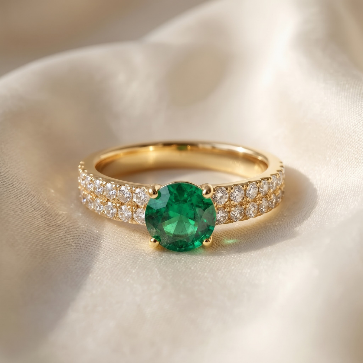1.30 CTTW Round Gemstone Pav Diamond Double Row Band 14k Yellow Gold Engagement Ring