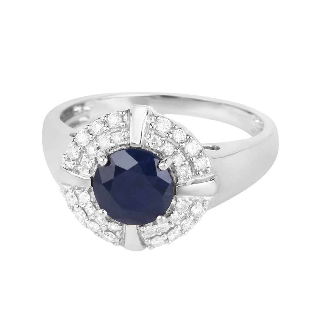 Genuine 10K Blue Sapphire and White Diamond Halo Ring
