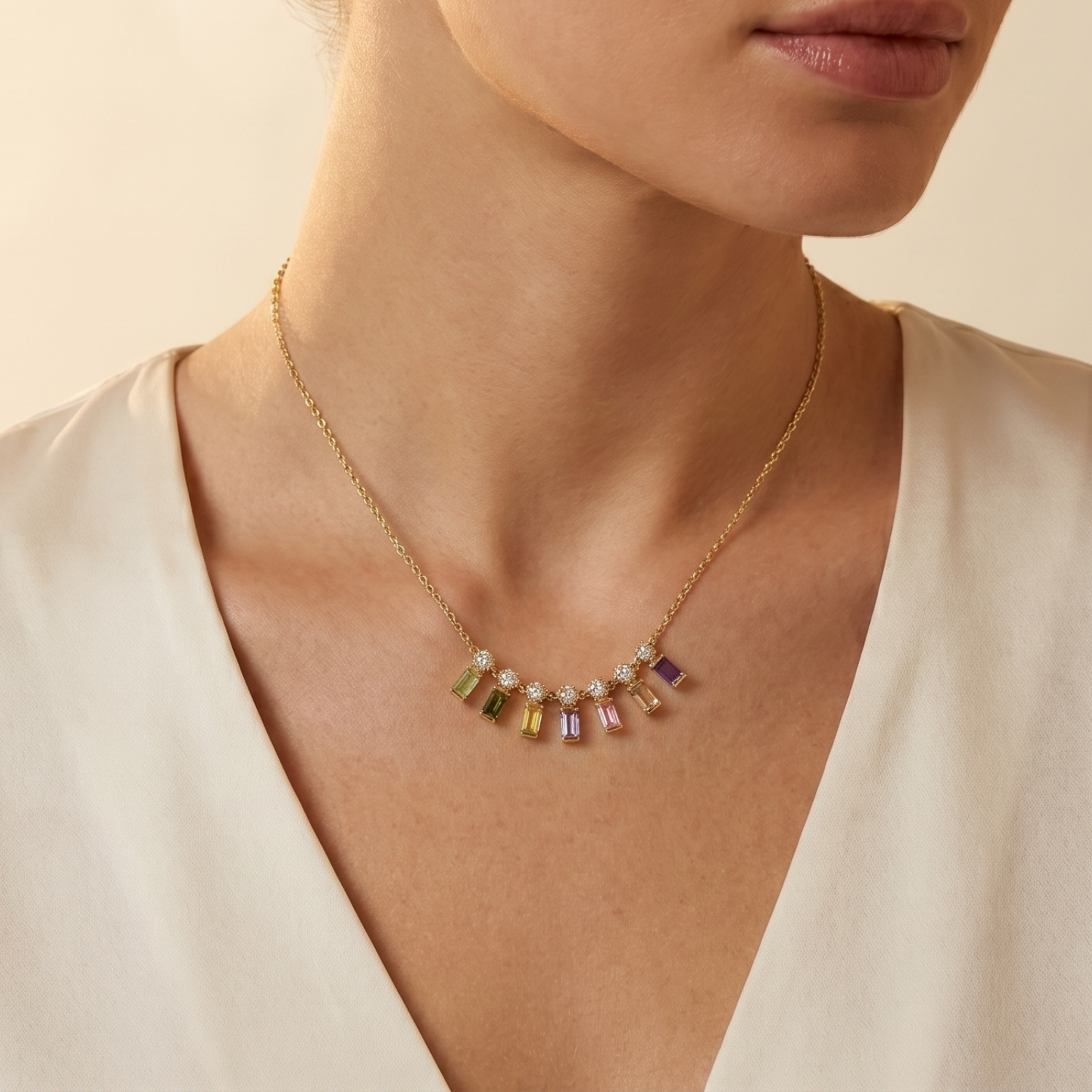 IGI Certified 0.65 Ct Baguette Multi Color Unheated Sapphire Diamond 14K Gold Rainbow Dangler Bar Necklace
