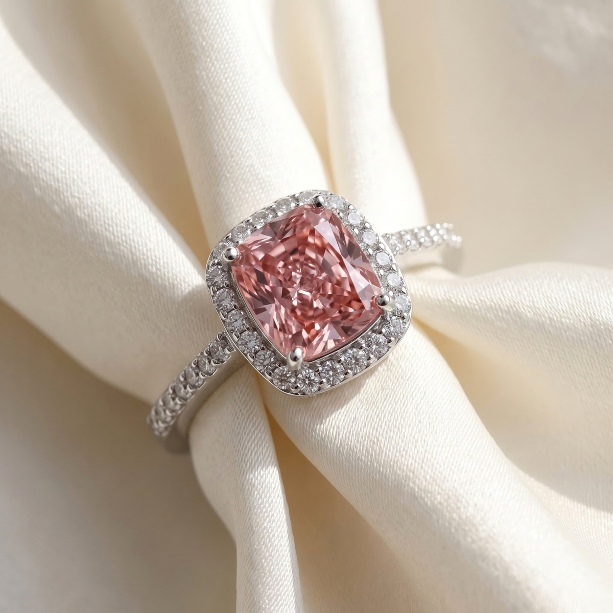 IGI Certified Pink Lab Diamond Center and White Diamond 18K White Gold Ring