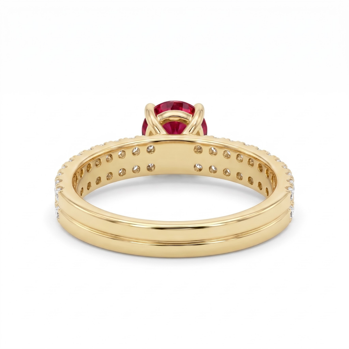 1.30 CTTW Round Gemstone Pav Diamond Double Row Band 14k Yellow Gold Engagement Ring