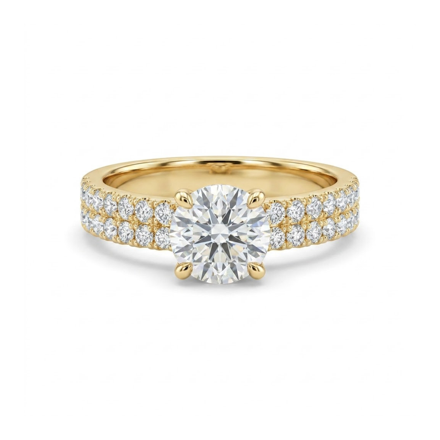1.30 CTTW Round Gemstone Pav Diamond Double Row Band 14k Yellow Gold Engagement Ring
